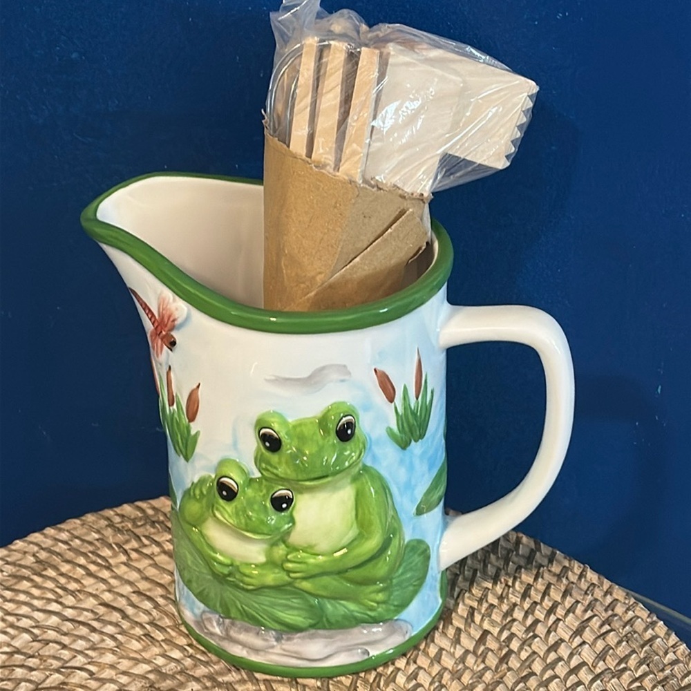 New Frog Hand Painted Ceramic 7 Wooden Kitchen Accessories Set 8.5” Tall